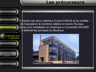 À travers ses deux créations (l’usine FAGUS et du modèle
de l’exposition) le rendirent célèbre à travers l’Europe.
Après sont installation en Amérique a l’université HAVARD
, il défendit les principes du Bauhaus.
Conclusion
Les précurseurs
Tendances
F. Pouillon
Analyse d’un
projet
Introduction
Emergence
précurseurs
architectes de la
1ère
génération
 