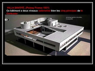 Ce bâtiment a deux niveauxCe bâtiment a deux niveaux extérioriséextériorisé bien lesbien les cinq principescinq principes dede lele
CorbusierCorbusier
VILLA SAVOYE. (Poissy France 1931)VILLA SAVOYE. (Poissy France 1931)
 