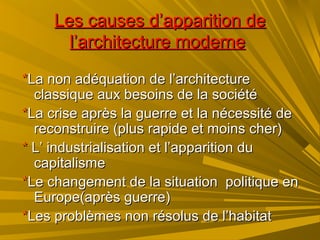 Les causes d’apparition deLes causes d’apparition de
l’architecture modernel’architecture moderne
**La non adéquation de l’architectureLa non adéquation de l’architecture
classique aux besoins de la sociétéclassique aux besoins de la société
**La crise après la guerre et la nécessité deLa crise après la guerre et la nécessité de
reconstruire (plus rapide et moins cher)reconstruire (plus rapide et moins cher)
** L’ industrialisation et l’apparition duL’ industrialisation et l’apparition du
capitalismecapitalisme
**Le changement de la situation politique enLe changement de la situation politique en
Europe(après guerre)Europe(après guerre)
**Les problèmes non résolus de l’habitatLes problèmes non résolus de l’habitat
 