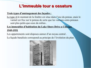 L’immeuble tour a ossatureL’immeuble tour a ossature
Trois types d’aménagement des façades :
Le type A:le montant de la fenêtre est situe dans l’axe du poteau ,mais le
vantail est fixe sur le poteau de sorte que les vantaux cotes poteaux
sont plus petits que ceux du milieu .
Les immeubles d’habitation du Lake Shore Drive a Chicago
1949-1951
Les appartements sont disposes autour d’un noyau central .
La façade banalisée correspond au principe de l’évolution du plan .
 