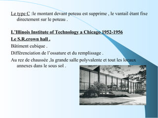 Le type C :le montant devant poteau est supprime , le vantail étant fixe
directement sur le poteau .
L’Illinois Institute of Technology a Chicago 1952-1956
Le S.R.crown hall .
Bâtiment cubique .
Différenciation de l’ossature et du remplissage .
Au rez de chaussée ,la grande salle polyvalente et tout les locaux
annexes dans le sous sol .
 