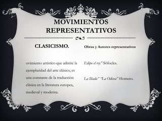 ovimiento artístico que admite la
ejemplaridad del arte clásico, es
una constante de la traducción
clásica en la literatura europea,
medieval y moderna.
Edipo el rey” Sófocles.
La Iliada” “La Odisea” Homero.
MOVIMIENTOS
REPRESENTATIVOS
CLASICISMO. Obras y Autores representativos
 