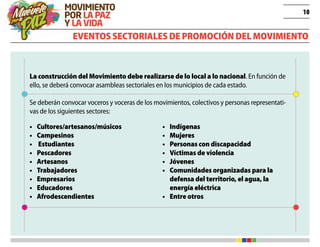 10
Eventos sectoriales de promoción del Movimiento
La construcción del Movimiento debe realizarse de lo local a lo nacional. En función de
ello, se deberá convocar asambleas sectoriales en los municipios de cada estado.
Se deberán convocar voceros y voceras de los movimientos, colectivos y personas representati-
vas de los siguientes sectores:
•	 Cultores/artesanos/músicos
•	 Campesinos
•	 Estudiantes
•	 Pescadores
•	 Artesanos
•	 Trabajadores
•	 Empresarios
•	 Educadores
•	 Afrodescendientes
•	 Indígenas
•	 Mujeres
•	 Personas con discapacidad
•	 Víctimas de violencia
•	 Jóvenes
•	 Comunidades organizadas para la
defensa del territorio, el agua, la
energía eléctrica
•	 Entre otros
 