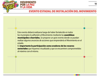 12
Evento estadal de instalación del Movimiento
Este evento deberá realizarse luego de haber fortalecido en todos
los municipios la adhesión al Movimiento mediante las asambleas
municipales o barriales. Se propone un gran evento donde se puedan
realizar algunos anuncios de acciones que emprendería el Movimiento en el
estado.
Es importante la participación como oradores de los voceros
sectoriales que hayamos visualizado y que se encuentren comprometidos
al máximo con el mismo.
 
