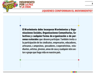 3
¿QUIENES CONFORMAN EL MOVIMIENTO?
El Movimiento debe incorporar Movimientos y Orga-
nizaciones Sociales, Organizaciones Comunitarias, Co-
lectivos y cualquier forma de organización o de per-
sonas naturales que deseen participar.También invita a
la participación de los sindicatos,empresarios, educadores,
artesanos,campesinos, pescadores,cooperativistas, estu-
diantes,artistas,jóvenes,amasdecasa ycualquier otrosec-
tor o grupo que haga vida en nuestro país.
 