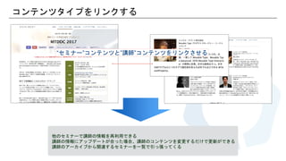 コンテンツタイプをリンクする
“セミナー”コンテンツと”講師”コンテンツをリンクさせる
他のセミナーで講師の情報を再利用できる
講師の情報にアップデートが合った場合、講師のコンテンツを変更するだけで更新ができる
講師のアーカイブから関連するセミナーを一覧で引っ張ってくる
 
