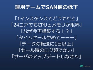 運用チームでSAN値の低下
「1インスタンスでどうやれと」
「24コアでもCPUとメモリが限界」
「なぜ今再構築する！？」
「タイムセールやめてーーー」
「データの転送に1日以上」
「セール時のログ超でかい」
「サーバのアップデートしなきゃ」
 