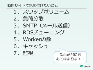 動的サイトで気を付けたいこと
１．スワップボリューム
２．負荷分散
３．SMTP（メール送信）
４．RDSチューニング
５．Workerの数
６．キャッシュ
７．監視 DataAPIにも
あてはまります！
 