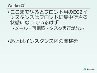 Worker数
•ここまでやるとフロント用のEC2イ
ンスタンスはフロントに集中できる
状態になっているはず
• メール・再構築・タスク実行がない
•あとはインスタンス内の調整を
 
