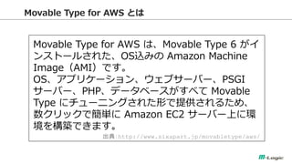 Movable Type for AWS Ȥ 
Movable Type for AWS ϡMovable Type 6  󥹥ȩ`뤵줿OSzߤ Amazon Machine ImageAMIǤ 
OSץꥱ`󡢥֥`Щ`PSGI `Щ`PHPǩ`٩`٤ Movable Type ˥`˥󥰤줿Τṩ뤿ᡢ åǺg Amazon EC2 `Щ`Ϥ˭h 򘋺BǤޤ 
䣺http://www.sixapart.jp/movabletype/aws/  