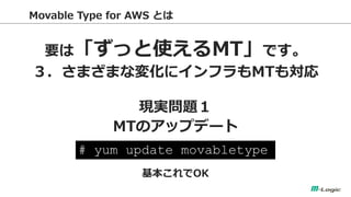 Movable Type for AWS Ȥ 
ҪϡäʹMTǤ 
ޤޤʉ仯˥եMT⌝ 
Fg} 
MTΥåץǩ` 
OK 
# yum update movabletype  