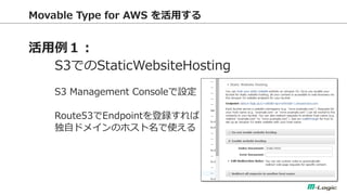 Movable Type for AWS ä 
 
S3ǤStaticWebsiteHosting 
S3 Management ConsoleO 
Route53Endpointh 
ԥɥᥤΥۥʹ 
 