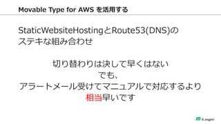 Movable Type for AWS ä 
StaticWebsiteHostingRoute53(DNS) 
ƥʽMߺϤ碌 
ФϛQ礯Ϥʤ 
Ǥ⡢ 
`ȥ`ܤƥޥ˥奢ǌꤹ 
൱礤Ǥ  