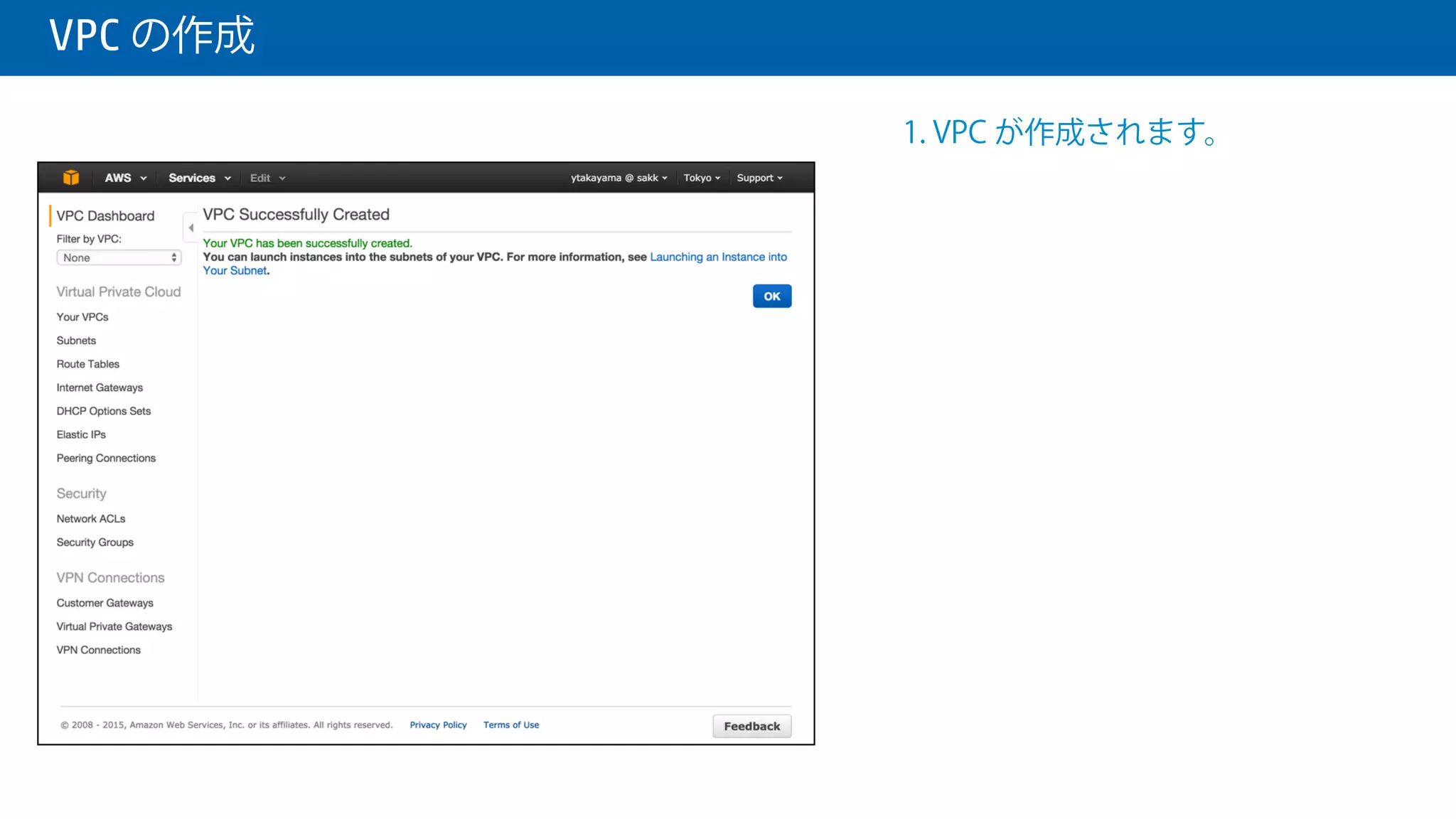  VPC の作成
1. 以下の内容で入力します。
IP CIDR block: 任意の CIDR    
 （例: 10.0.0.0/16）
VPC name: VPC の名前（任意）
Availability Zone: 任意の AZ
2. Create VPC ボタンをクリックしま
す。
 