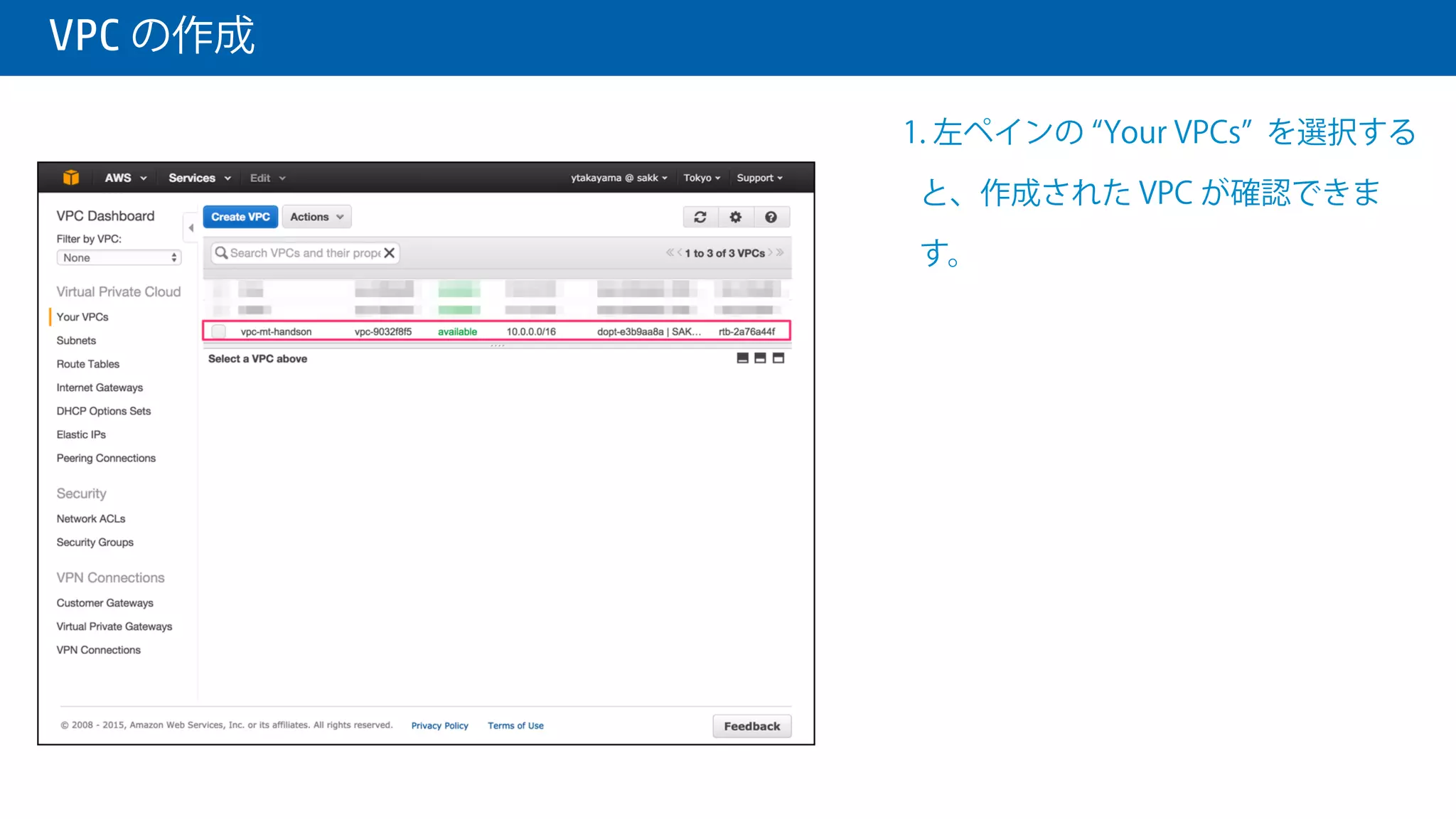  VPC の作成
1. VPC が作成されます。
 