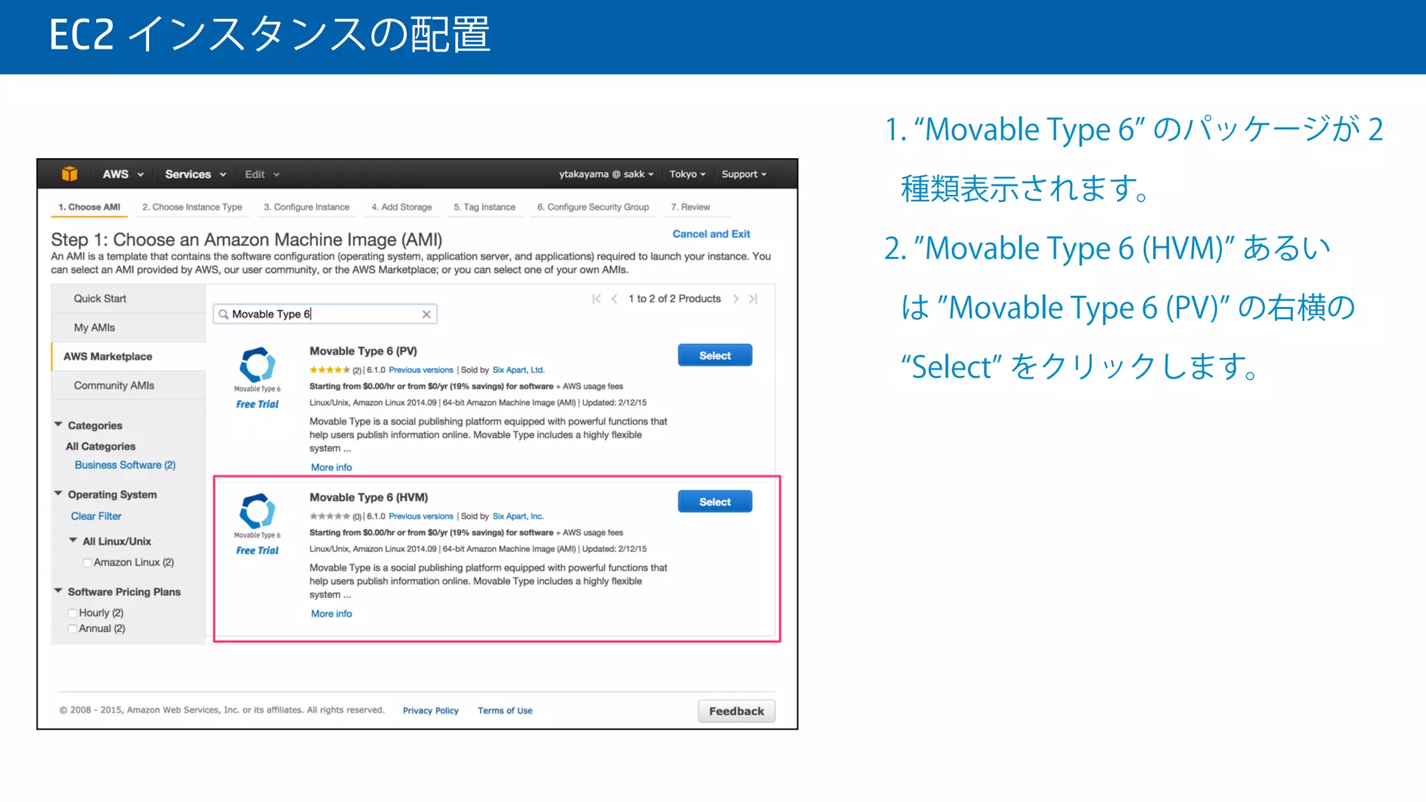  EC2 インスタンスの配置
1. AWS Marketplace タブを選択し、
検索ボックスに Movable Type 6 と
入力します。
 