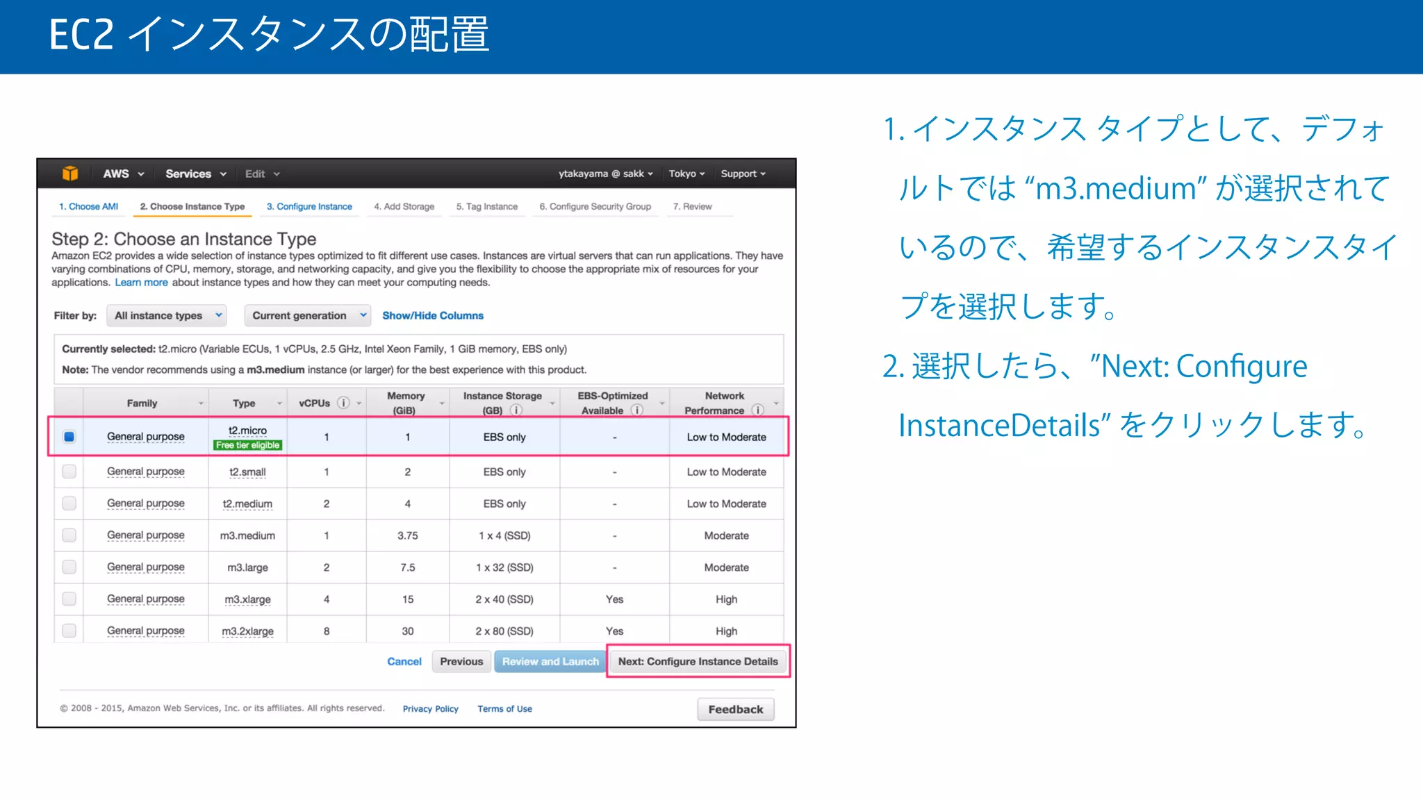  EC2 インスタンスの配置
1. ページ下部にある Continue をクリ
ックします。
 