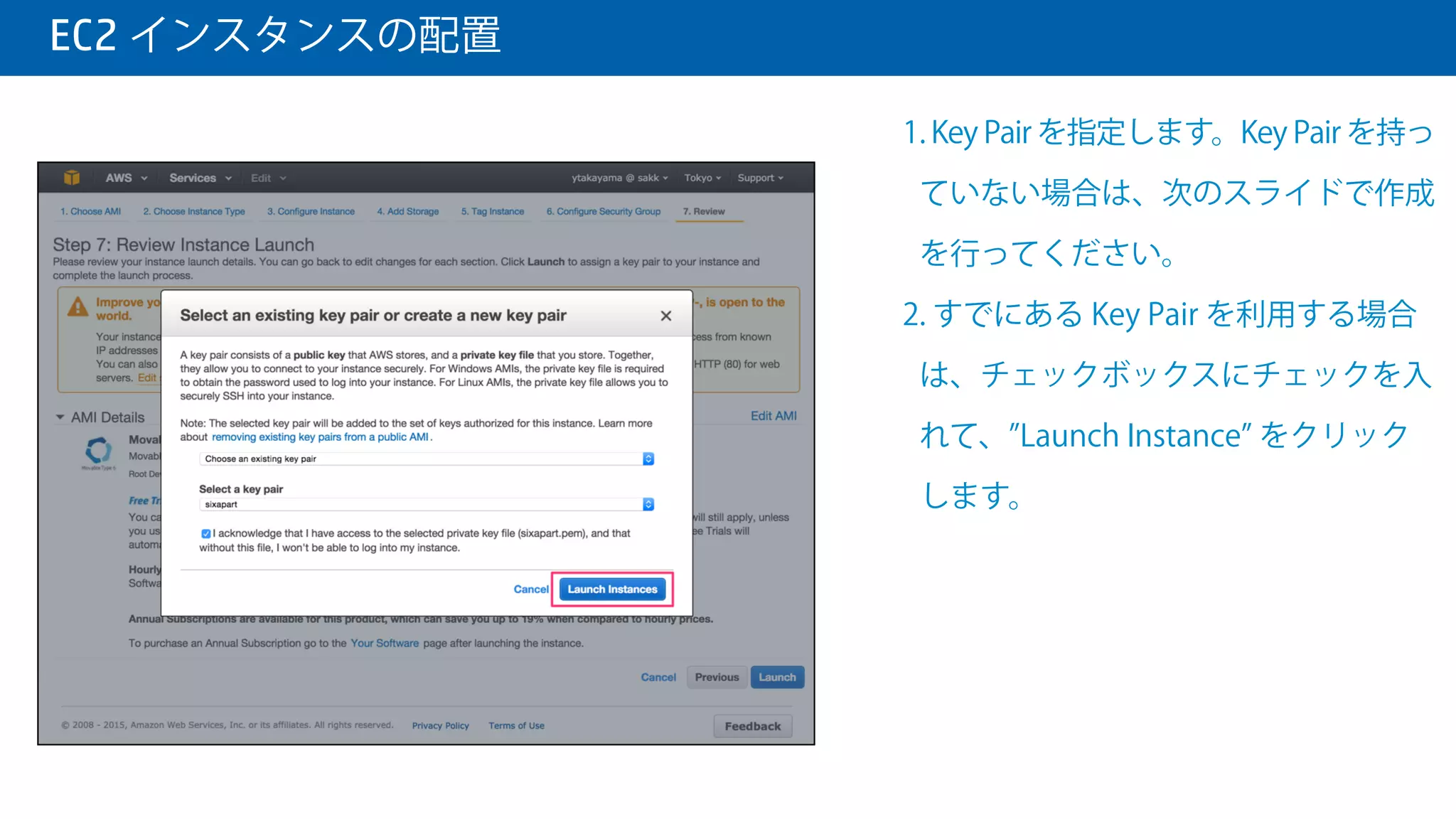  EC2 インスタンスの配置
1. 内容を確認して、 Launch をクリッ
クします。
 