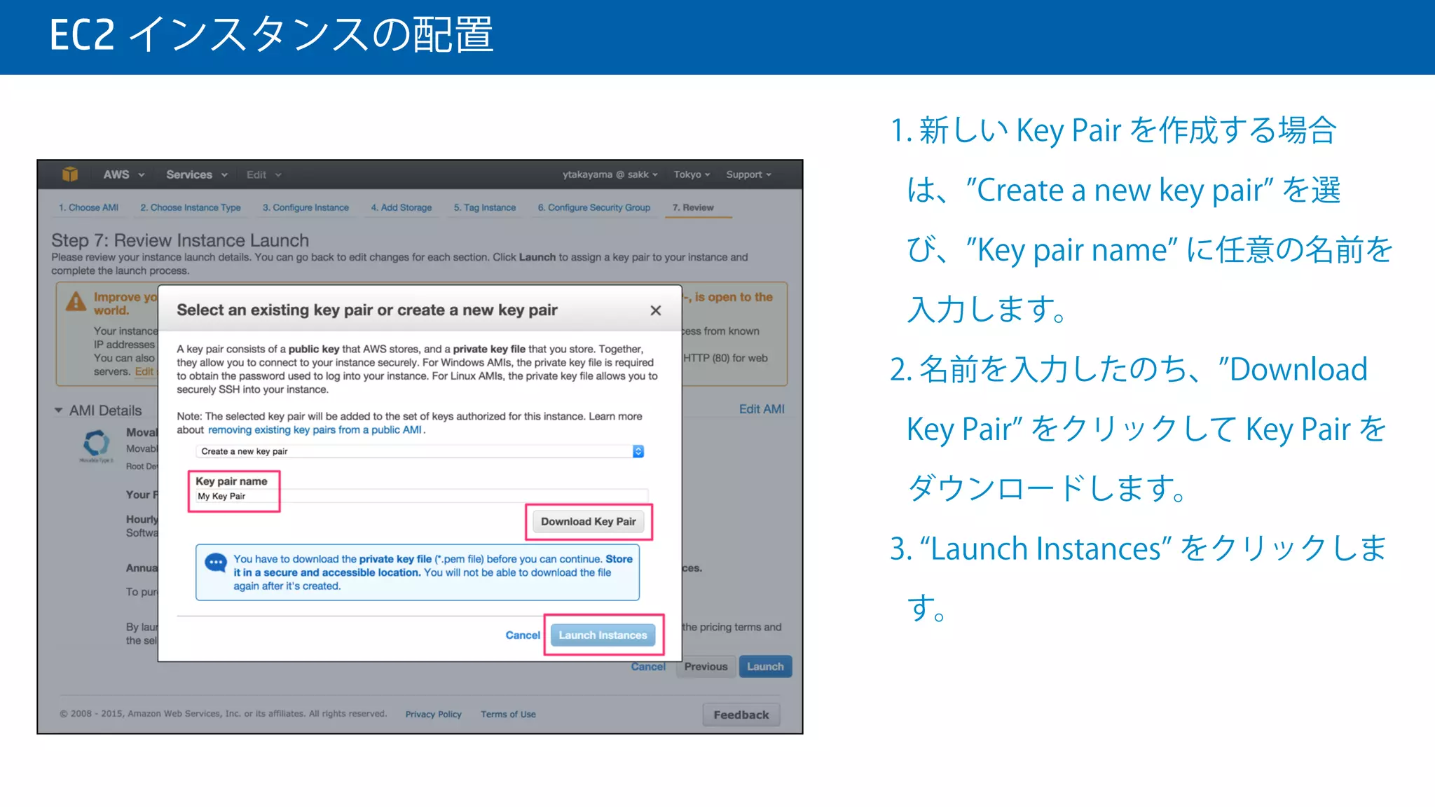  EC2 インスタンスの配置
1. Key Pair を指定します。Key Pair を持っ
ていない場合は、次のスライドで作成
を行ってください。
2. すでにある Key Pair を利用する場合
は、チェックボックスにチェックを入
れて、 Launch Instance をクリック
します。
 