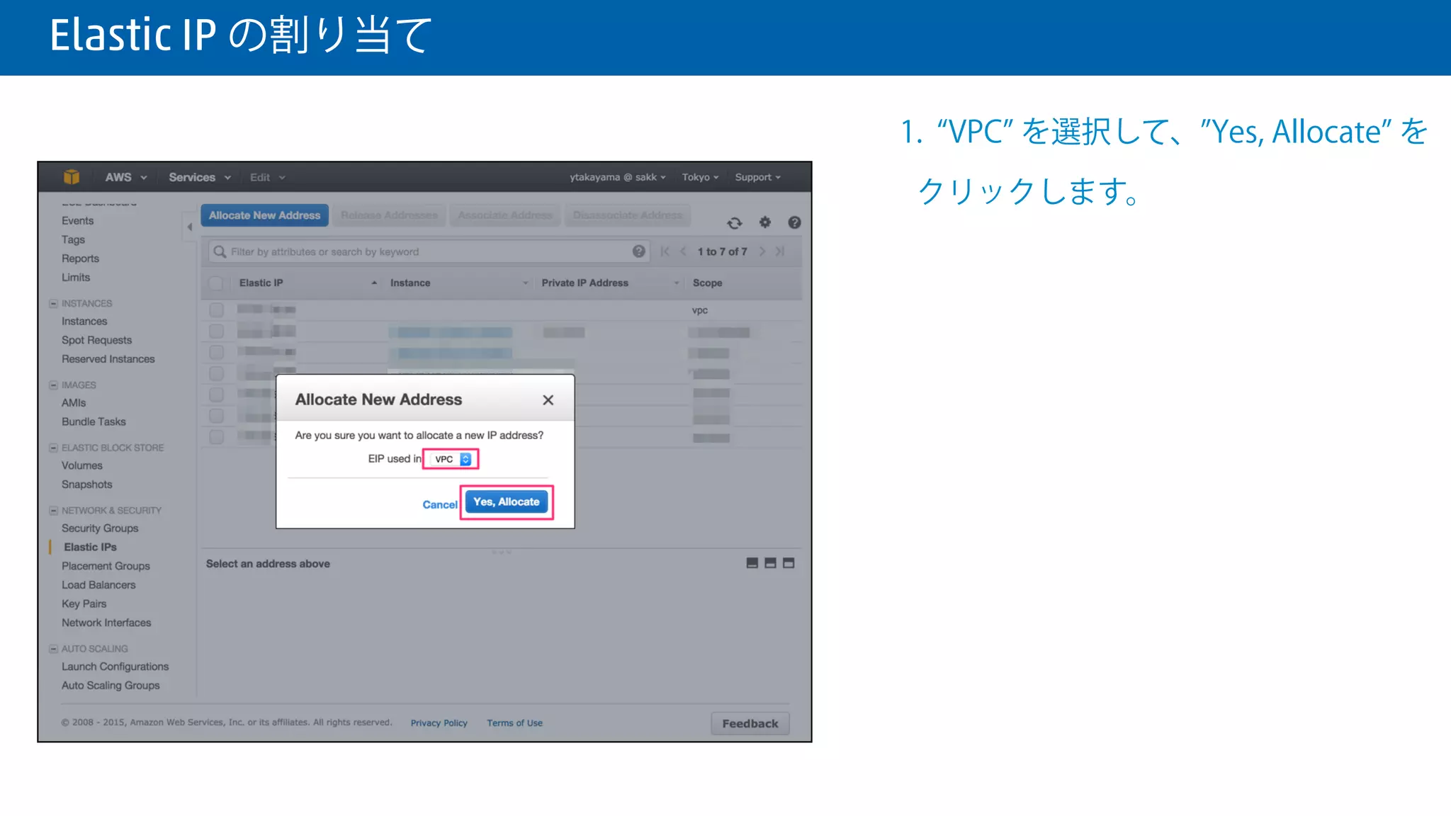  Elastic IP の割り当て
1. 左のペインから Elastic IPs を選択し
ます。
2. Associate New Address をクリック
します。
 