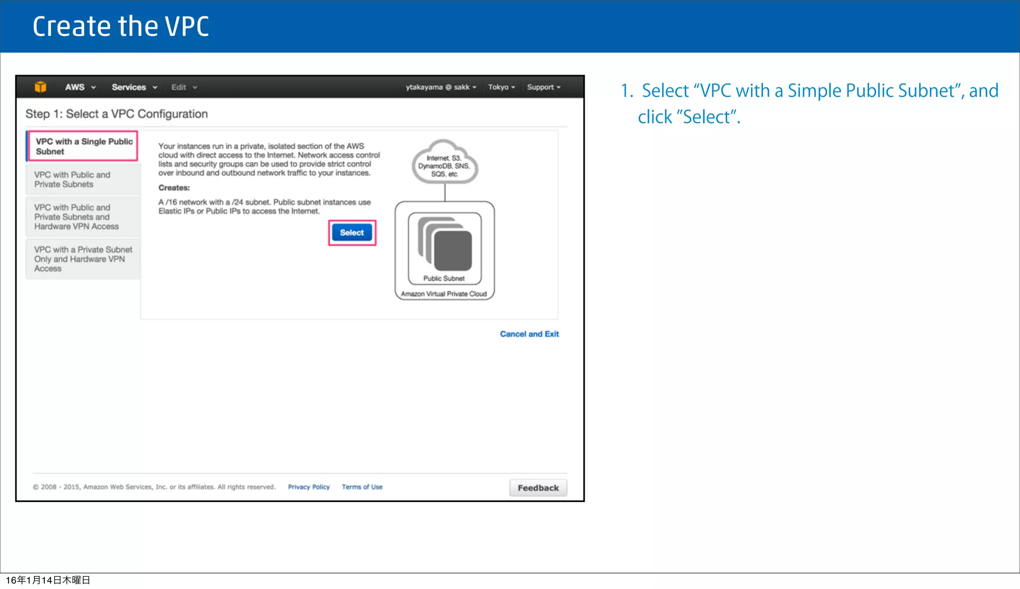  Create the VPC
1. Select VPC with a Simple Public Subnet , and
click Select .
16年1月14日木曜日
 
