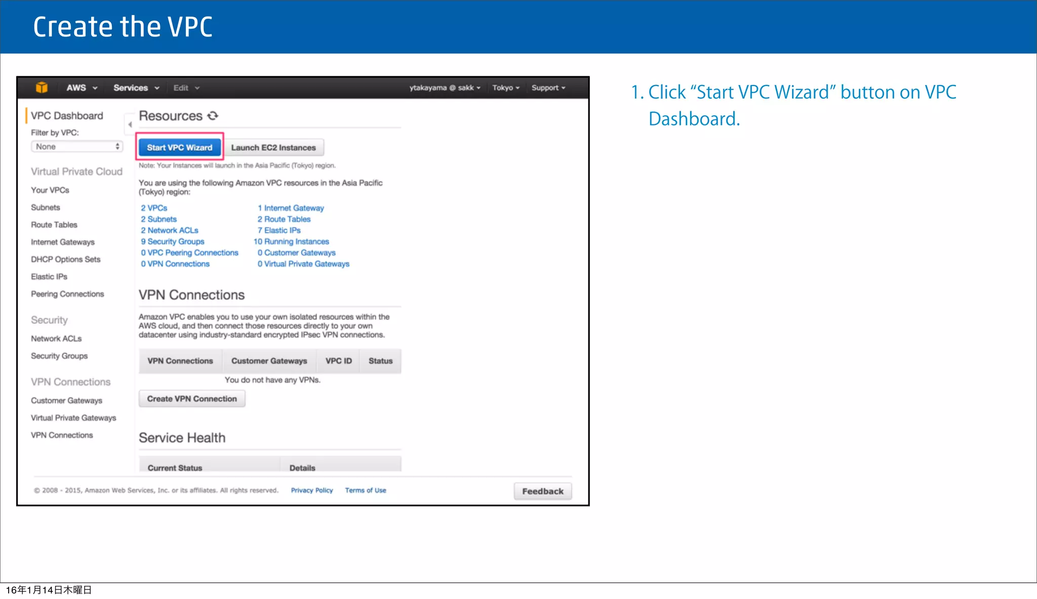  Create the VPC
1. Click Start VPC Wizard button on VPC
Dashboard.
16年1月14日木曜日
 