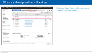  Allocate and Assign an Elastic IP address
1. Select the Elastic IP address from the list, and
then clik Associate Address .
16年1月14日木曜日
 
