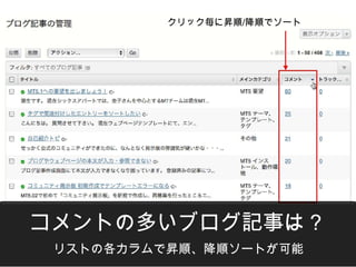 クリック毎に昇順/降順でソート




コメントの多いブログ記事は？
 リストの各カラムで昇順、降順ソートが可能
 