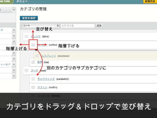 並び替え


               階層下げる
階層上げる



          別のカテゴリのサブカテゴリに




カテゴリをドラッグ＆ドロップで並び替え
 