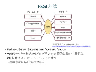 PSGIとは




                             技術評論社「Perl Hackers Hub」より
                             http://gihyo.jp/dev/serial/01/perl-hackers-hub/000101

• Perl Web Server Gateway Interface specification
• Webサーバー上でPerlプログラムを永続的に動かす仕組み
• CGI起動によるオーバーヘッドが減少
  – 処理速度の高速化につながる
 