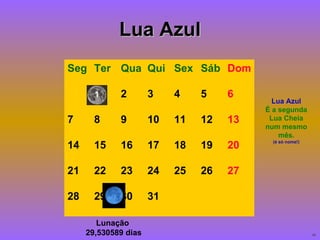 Lua Azul Seg Ter Qua Qui Sex Sáb Dom 1 2 3 4 5 6 7 8 9 10 11 12 13 14 15 16 17 18 19 20 21 22 23 24 25 26 27 28 29 30 31 1 Lua Azul É a segunda Lua Cheia num mesmo mês. (é só nome!) Lunação  29,530589 dias 