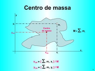 Centro de massa M  =   i  m i   x y x CM y CM m i x i y i Centro de massa x CM     [   i  m i . x i  ] / M y CM     [   i  m i . y i  ] / M 