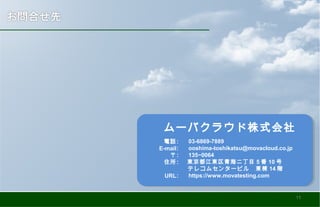ムーバクラウド株式会社
：　 03-6869-7889
：　 ooshima-toshikatsu@movacloud.co.jp
：　 135−0064
：　東京都江東区青海二丁目 5 番 10 号
テレコムセンタービル　東棟 14 階
：　 https://www.movatesting.com
電話
E-mail
〒
住所
URL
11
 