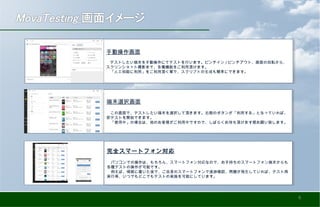 端末選択画面
　この画面で、テストしたい端末を選択して頂きます。右側のボタンが「利用する」となっていれば、
即テストを開始できます。
　「使用中」の場合は、他のお客様がご利用中ですので、しばらくお待ち頂けます様お願い致します。
端末選択画面
　この画面で、テストしたい端末を選択して頂きます。右側のボタンが「利用する」となっていれば、
即テストを開始できます。
　「使用中」の場合は、他のお客様がご利用中ですので、しばらくお待ち頂けます様お願い致します。
手動操作画面
　テストしたい端末を手動操作にてテストを行います。ピンチイン / ピンチアウト、画面の回転から、
スクリンショット撮影まで、各種機能をご利用頂けます。
　「人工知能に利用」をご利用頂く事で、スクリプトの生成も簡単にできます。
手動操作画面
　テストしたい端末を手動操作にてテストを行います。ピンチイン / ピンチアウト、画面の回転から、
スクリンショット撮影まで、各種機能をご利用頂けます。
　「人工知能に利用」をご利用頂く事で、スクリプトの生成も簡単にできます。
完全スマートフォン対応
　パソコンでの操作は、もちろん、スマートフォン対応なので、お手持ちのスマートフォン端末からも
各種テストの操作が可能です。
　例えば、帰路に着いた後で、ご自身のスマートフォンで進捗確認、問題が発生していれば、テスト再
実行等、いつでもどこでもテストの実施を可能にしています。
完全スマートフォン対応
　パソコンでの操作は、もちろん、スマートフォン対応なので、お手持ちのスマートフォン端末からも
各種テストの操作が可能です。
　例えば、帰路に着いた後で、ご自身のスマートフォンで進捗確認、問題が発生していれば、テスト再
実行等、いつでもどこでもテストの実施を可能にしています。
6
 