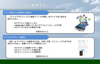　ニアショアやオフショアと複数サイトでの開発。各サイトで同じ端末を
…揃えられない 。
　　　　■クラウド上で端末レンタル
　　　　■ Google Play に登録していないアプリもインストールが可能
　　　　■デバッグしながらの開発が可能
　　　　　　　
　　　　　　　　　　　　　　　　利便性の向上に
アプリ開発の分散開発の現場でアプリ開発の分散開発の現場で
　
　端末一台づつデザインを確認するのは、非常に手間。エミュレータでは不安が
残るのでやはり、実機でデザインの確認はしたい
　　　　■クラウド上の実機でデザイン確認
　　　　■スクリーンショットで画面比較
　　　　■スクリーンショットの自動取得
　　　　　　　　　　　　　　　　利便性の向上に
サイトのデザイン検証にサイトのデザイン検証に
8
 