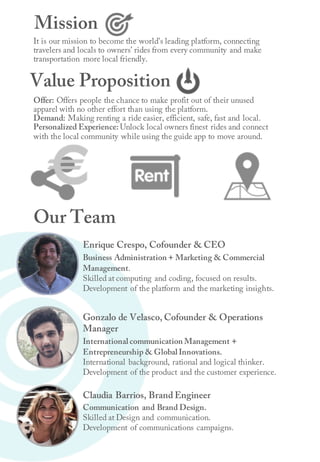Mission
Our Team
Value Proposition
It is our mission to become the world's leading platform, connecting
travelers and locals to owners’ rides from every community and make
transportation more local friendly.
Offer: Offers people the chance to make profit out of their unused
apparel with no other effort than using the platform.
Demand: Making renting a ride easier, efficient, safe, fast and local.
Personalized Experience: Unlock local owners finest rides and connect
with the local community while using the guide app to move around.
Gonzalo de Velasco, Cofounder & CEO
International communication Management +
Entrepreneurship & Global Innovations.
International background, rational and logical thinker.
Development of the product and the customer experience.
Enrique Crespo, Cofounder & Operations Manager
Business Administration + Marketing & Commercial
Management.
Skilled at computing and coding, focused on results.
Development of the platform and the marketing insights.
Claudia Barrios, Brand Engineer
Communication and Brand Design.
Skilled at Design and communication.
Development of communications campaigns.
 