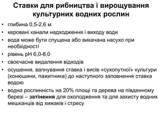 Ставки для рибництва і вирощування
культурних водних рослин
• глибина 0,5-2,6 м
• керовані канали надходження і виходу води
• вода може бути спущена або викачана насухо при
необхідності
• рівень pH 6,0-8,0
• своєчасне видалення відходів
• осушення, вапнування ставка і висів «сухопутної» культури
(конюшини, пажитника) до наступного заповнення ставка
водою
• водна рослинність на 20% площі та дерева на південному
березі – затінення для охолодження та для захисту водних
мешканців від хижаків і стресу
 