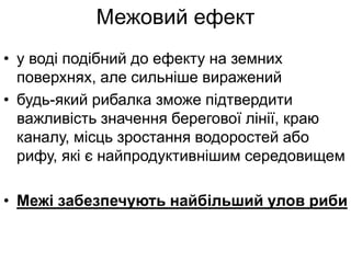 Межовий ефект
• у воді подібний до ефекту на земних
поверхнях, але сильніше виражений
• будь-який рибалка зможе підтвердити
важливість значення берегової лінії, краю
каналу, місць зростання водоростей або
рифу, які є найпродуктивнішим середовищем
• Межі забезпечують найбільший улов риби
 