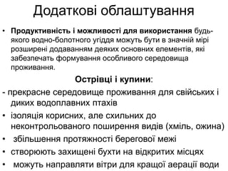 Додаткові облаштування
• Продуктивність і можливості для використання будь-
якого водно-болотного угіддя можуть бути в значній мірі
розширені додаванням деяких основних елементів, які
забезпечать формування особливого середовища
проживання.
Острівці і купини:
- прекрасне середовище проживання для свійських і
диких водоплавних птахів
• ізоляція корисних, але схильних до
неконтрольованого поширення видів (хміль, ожина)
• збільшення протяжності берегової межі
• створюють захищені бухти на відкритих місцях
• можуть направляти вітри для кращої аерації води
 