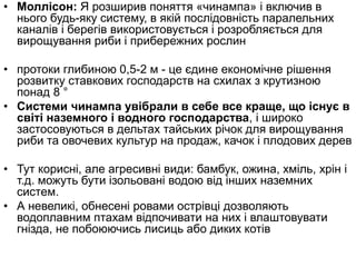 • Моллісон: Я розширив поняття «чинампа» і включив в
нього будь-яку систему, в якій послідовність паралельних
каналів і берегів використовується і розробляється для
вирощування риби і прибережних рослин
• протоки глибиною 0,5-2 м - це єдине економічне рішення
розвитку ставкових господарств на схилах з крутизною
понад 8 °
• Системи чинампа увібрали в себе все краще, що існує в
світі наземного і водного господарства, і широко
застосовуються в дельтах тайських річок для вирощування
риби та овочевих культур на продаж, качок і плодових дерев
• Тут корисні, але агресивні види: бамбук, ожина, хміль, хрін і
т.д. можуть бути ізольовані водою від інших наземних
систем.
• А невеликі, обнесені ровами острівці дозволяють
водоплавним птахам відпочивати на них і влаштовувати
гнізда, не побоюючись лисиць або диких котів
 