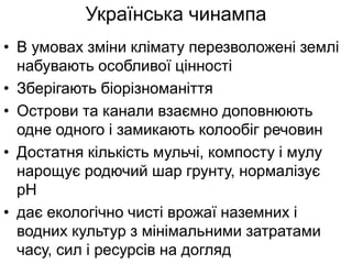 Українська чинампа
• В умовах зміни клімату перезволожені землі
набувають особливої цінності
• Зберігають біорізноманіття
• Острови та канали взаємно доповнюють
одне одного і замикають колообіг речовин
• Достатня кількість мульчі, компосту і мулу
нарощує родючий шар грунту, нормалізує
рН
• дає екологічно чисті врожаї наземних і
водних культур з мінімальними затратами
часу, сил і ресурсів на догляд
 