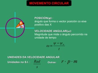 MOVEMENTO CIRCULAR



                     POSICIÓN(φ) :
                     ángulo que forma o vector posición co eixe
         φ
                     positivo das X
         φ0
                     VELOCIDADE ANGULAR(ω):
                     Magnitude que mide o ángulo percorrido na
                     unidade de tempo

                                 ψ − ψo
                              ω=
                                    t

UNIDADES DA VELOCIDADE ANGULAR
Unidades no S.I. :   Rad       Outras:    r⋅ p⋅m
                      s
 