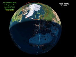 Meia-Noite na Europa O sol da meia-noite está agora sobre a parte norte da  Escandinávia. (círculo amarelo) 