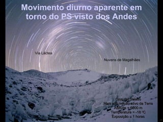 Movimento diurno aparente em torno do PS visto dos Andes Ojos del Salado Mais alto vulcão ativo da Terra Altitude = 6000 m Temperatura = -18  0 C Exposição    1 horas Nuvens de Magalhães Via Láctea 