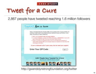CASE STUDY



Tweet for a Cure
2,867 people have tweeted reaching 1.6 million followers




         http://gwendolynstron...