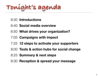 Tonight’s agenda
 6:30 Introductions
 6:40 Social media overview
 6:50 What drives your organization?
 7:05 Campaigns with...