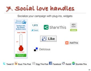 7. Social love handles
   Socialize your campaign with plug-ins, widgets




                                             ...