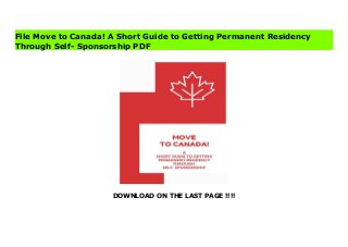 DOWNLOAD ON THE LAST PAGE !!!!
Download Here https://ebooklibrary.solutionsforyou.space/?book=1728990882 Guaranteed to save you hours and hours of research! Time is money. Isn't it time you move to Canada?Did you know that you can move to Canada without an employer-based visa? It's true! Using the Express Entry Federal Skilled Workers Program, you can immigrate to Canada if you have certain job skills and enough money to support yourself for a few months. This 11 page guide tells you everything you need to know to (1) determine if you qualify and (2) what steps to take to ensure a smooth and easy application process. Move without an immigration attorney or a job offer.ADD TO CART NOWSelf-Sponsorship through the Express Entry Federal Skilled Workers Program is a great immigration path if you:- Do NOT want your immigration status tied to a specific employer- Do NOT intend to live in the Province of Quebec (different process)- ARE interested in a path to citizenship (permanent residents are eligible for citizenship after 3 years)- PREFER to search for employment after relocation- WORK REMOTELY and would like to live in Canada - ARE over the age of 35 (younger people can apply too, but the Express Entry Federal Skilled Worker Program is one of the few pathways available to people 35 and older."Product Details: Fingerprint resistant glossy coverPrinted on high quality heavy white paper6 x 9 inches or 15.24 x 22.86 cm11 pages of concise straight to the point information (additional pages for notes) Read Online PDF Move to Canada! A Short Guide to Getting Permanent Residency Through Self- Sponsorship Download PDF Move to Canada! A Short Guide to Getting Permanent Residency Through Self- Sponsorship Read Full PDF Move to Canada! A Short Guide to Getting Permanent Residency Through Self- Sponsorship
File Move to Canada! A Short Guide to Getting Permanent Residency
Through Self- Sponsorship PDF
 