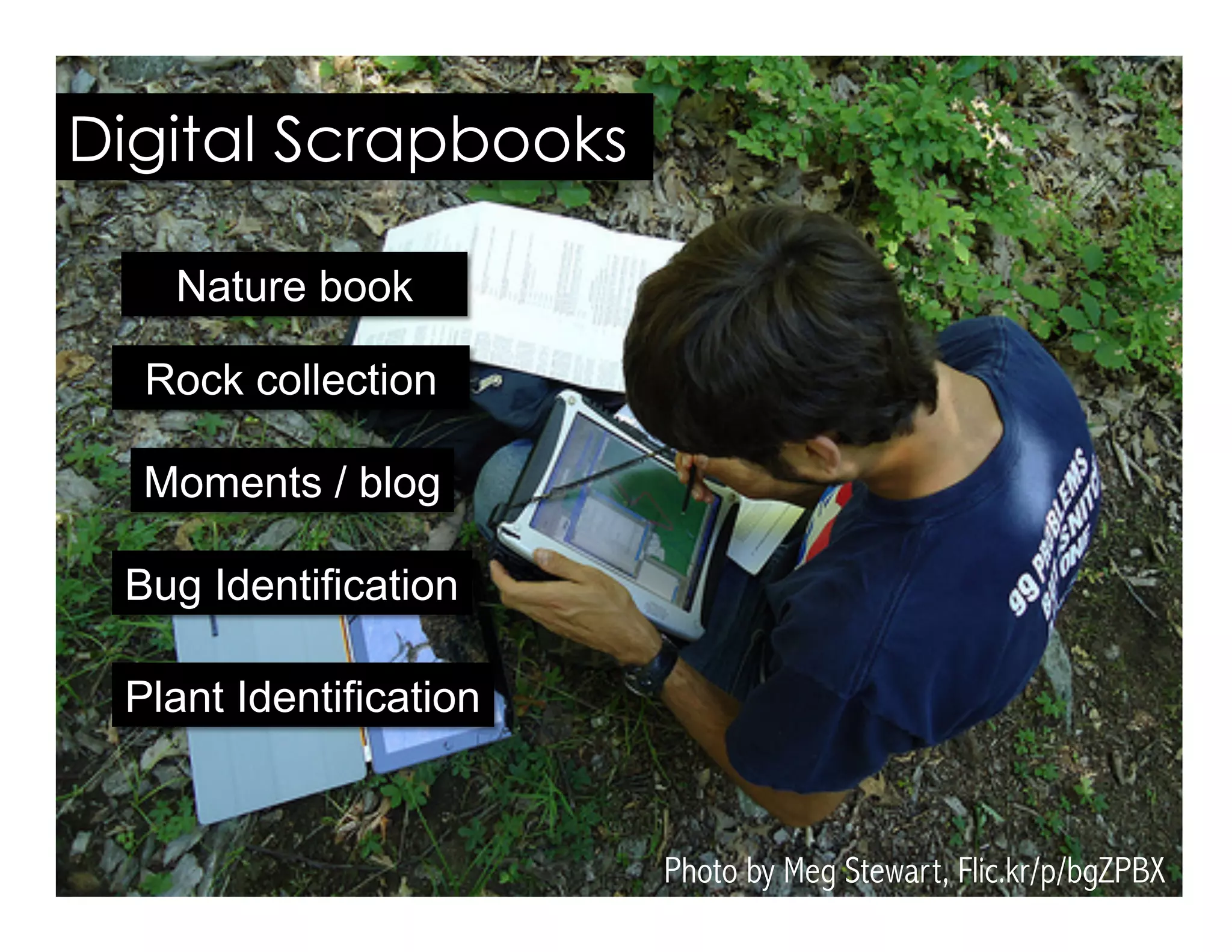 Digital Scrapbooks
Photo by Meg Stewart, Flic.kr/p/bgZPBX
Moments / blog
Rock collection
Nature book
Bug Identification
Plant Identification
 