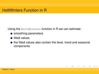 HoltWinters Function in R

Using the HoltWinters function in R we can estimate:
smoothing parameters
ﬁtted values
the ﬁtted values also contain the level, trend and seasonal
components

Edward L. Boone

 
